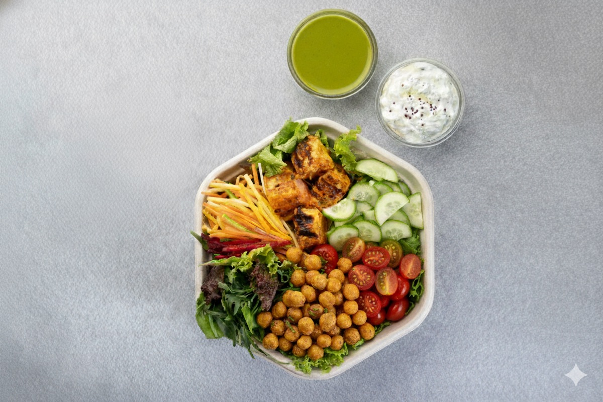 Roasted chickpeas and paneer tikka salad bowl
